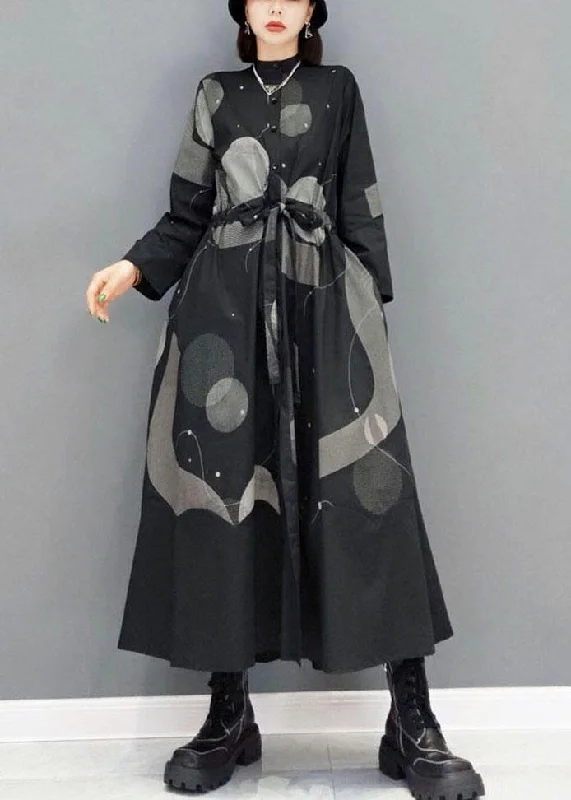 Stylish Black Stand Button Dresses Fall Long Sleeve