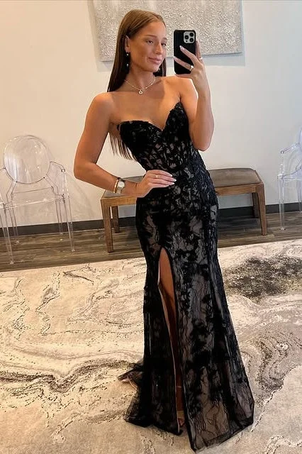 Lace Mermaid Strapless Lace Up Prom Dress With Slit