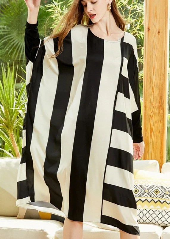 Style Black White Striped Chiffon Batwing Sleeve Spring Dress
