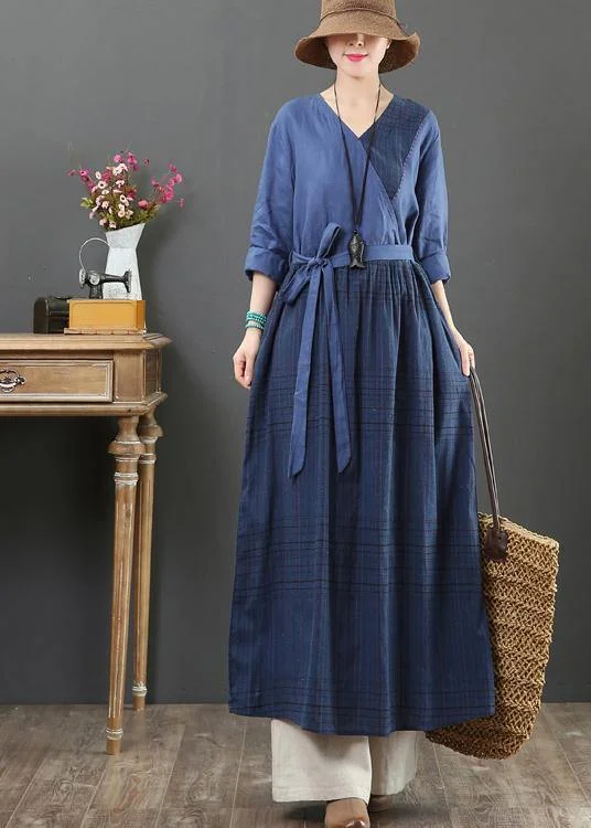 Natural V Neck Tie Waist Spring Dresses Fabrics Blue Plaid Traveling Dress