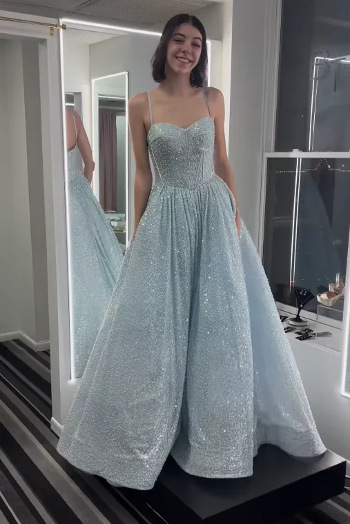 Sparkly Sweetheart Spaghetti Straps A-Line Party Prom Dress