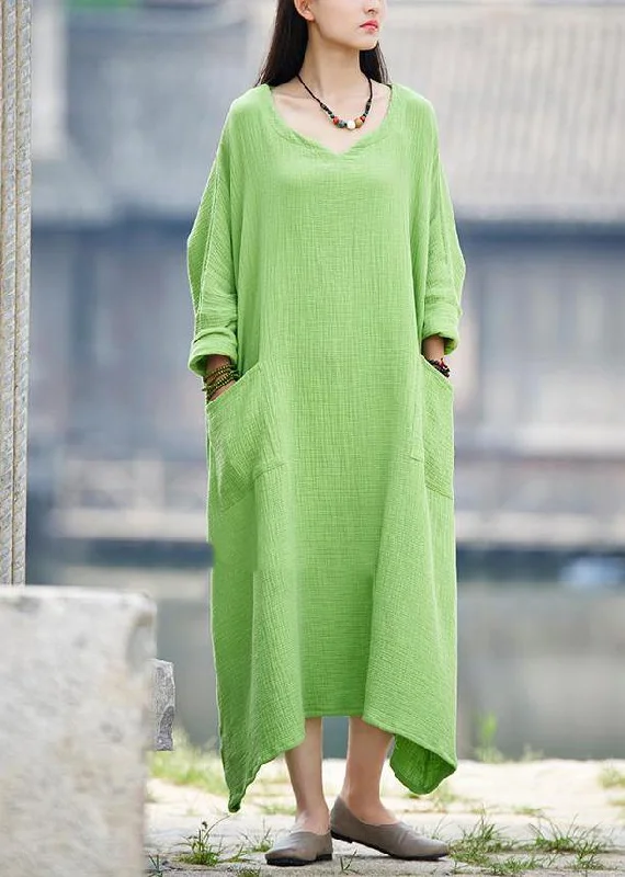Vintage Green V Neck Dress Patchwork Batwing Sleeve Spring Dresses