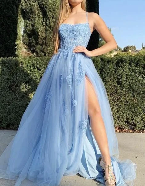 Blue Prom Dresses,Applique Prom Dress,Formal Dresses with Side Slit   cg11986