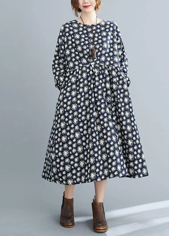 Simple O Neck Cinched Spring Dresses Runway Navy Floral Kaftan Dress