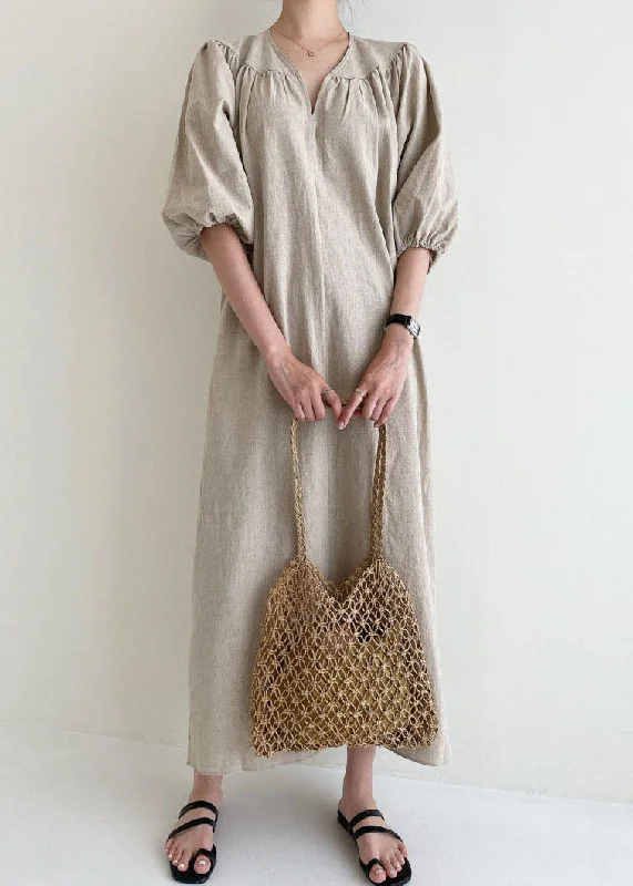 Women Khaki V Neck retro Cotton Dress Half Sleeve