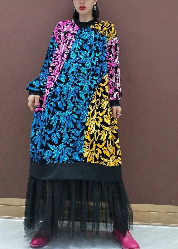 Chic O Neck Patchwork Tulle Spring Quilting Dresses Sequined Vestidos De Lino Dresses