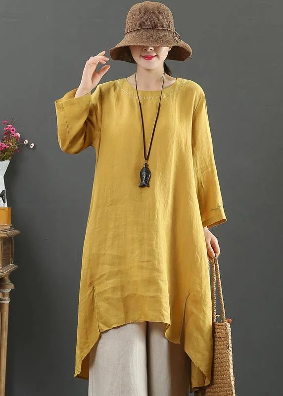 Women O Neck Low High Design Spring Clothes Shirts Yellow Embroidery Art Dress