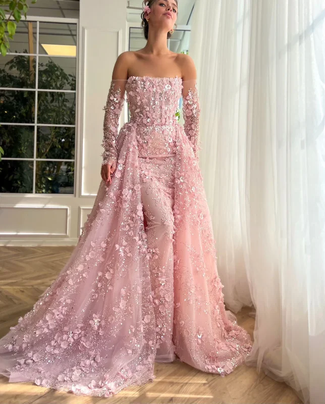 Elegant 3D Flowers Pink Luxury Dubai Evening Dress with Overskirt Lilac Long Sleeves Women Wedding Party Gown Elegant 3D Flowers Pink Luxury Dubai Evening Dress with Overskirt Lilac Long Sleeves Women Wedding Party Gown