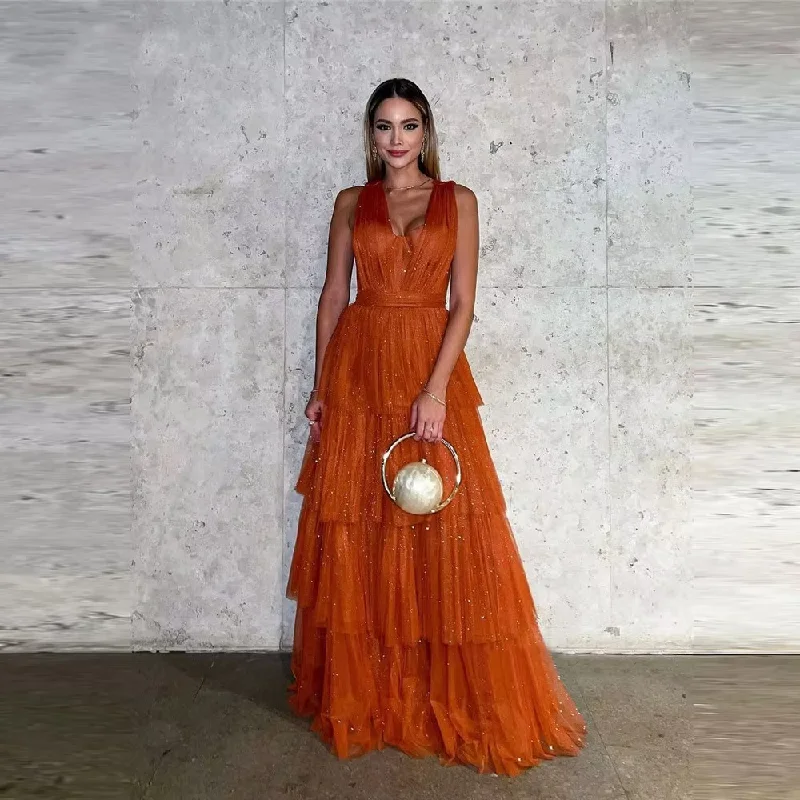 Shiny Burnt Orange Tulle Evening Dresses Long Women V Neck Tiered Formal Dress Women Party Prom Night Event Gown Shiny Burnt Orange Tulle Evening Dresses Long Women V Neck Tiered Formal Dress Women Party Prom Night Event Gown