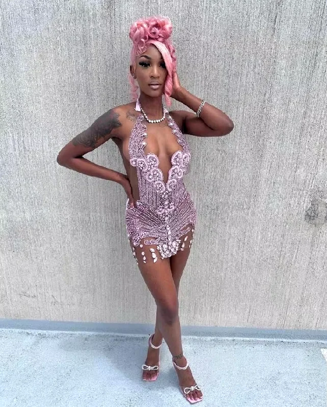 Pink Sparkly Short Prom Homecoming Dress Luxury Diamond Crystal Sheer Mesh Black Girl Evening Gown vestidos de gala mujer 2024 Pink Sparkly Short Prom Homecoming Dress Luxury Diamond Crystal Sheer Mesh Black Girl Evening Gown vestidos de gala mujer 2024