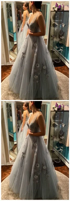 Charming V neck Tulle Long Prom Dress with Flower, Evening Party Gown    cg11543