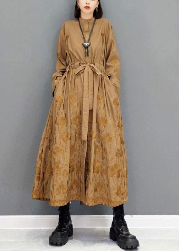 Classy Brown Pockets Tie Waist Embroideried Fall Long Sleeve Long Dress