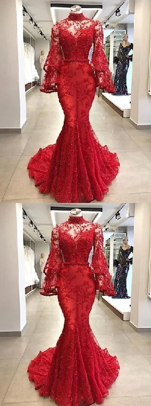 Long Sleeve High-Neck Long Red Prom Dresses   cg11773