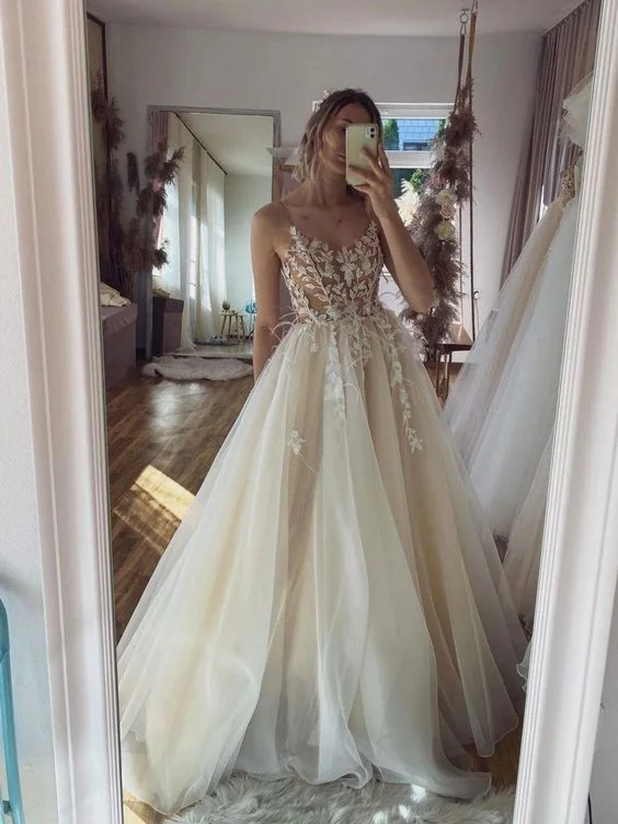 Champagne tulle lace long prom dress, champagne evening dress cc380
