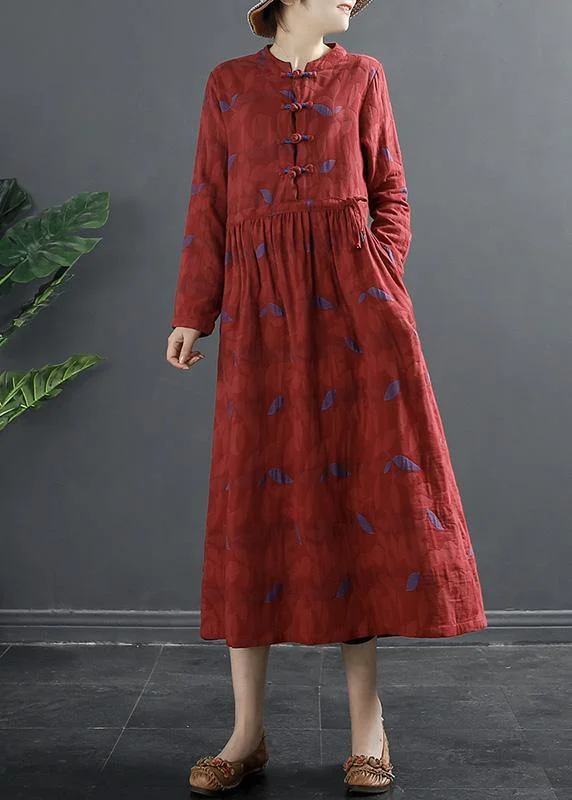 DIY Stand Collar Quilting Dresses Pattern Red Print Long Dress