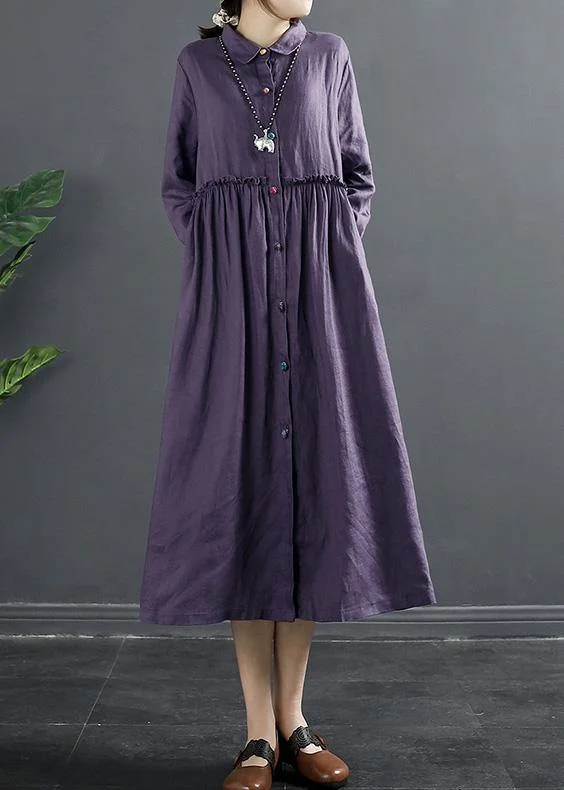 Bohemian Purple Tunic Pattern Lapel Ruffles Long Dress