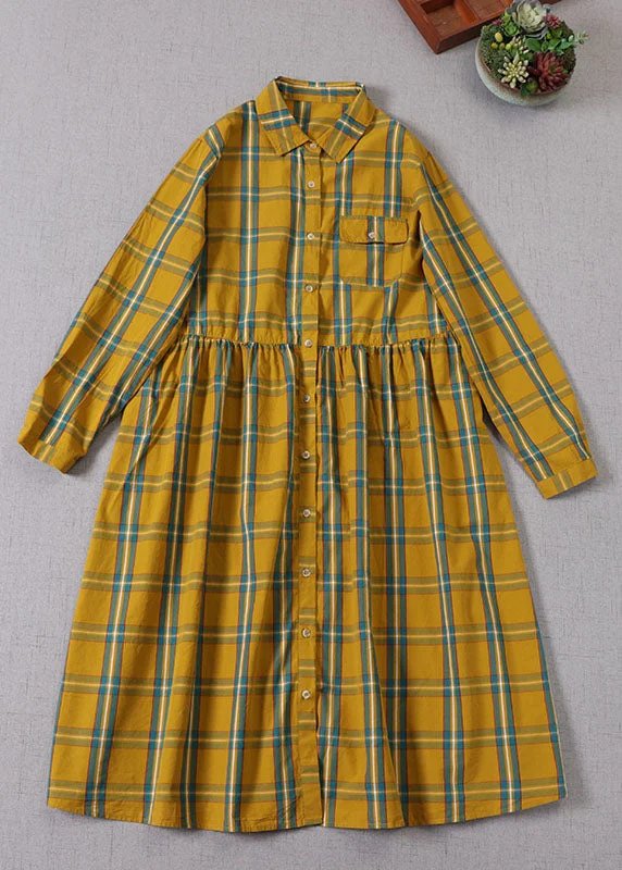 Boho Yellow Green Plaid Peter Pan Collar Button Cotton Holiday Dress Long Sleeve