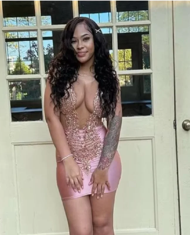 Bright Pink Rhinestone Homecoming Dress Black Girls Rhinestone Sequin Embellished Prom Dress o Neck See Through Graduation Dress