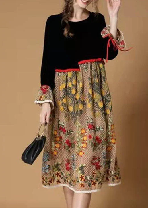 Boutique Black yellow flower Embroideried Patchwork Velour Dresses Winter