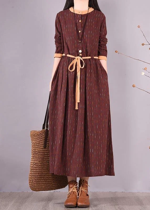 Modern O Neck Tie Waist Spring Wardrobes Shirts Burgundy Striped Dresses