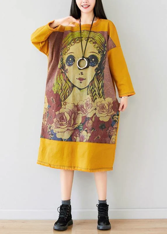 French Yellow U Neck Dress Character Print Spring Ankle Dress