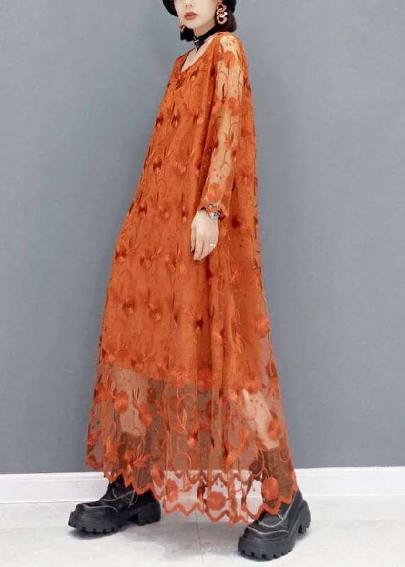 Unique Khaki Tulle Embroideried Fall Long Sleeve Long Dress