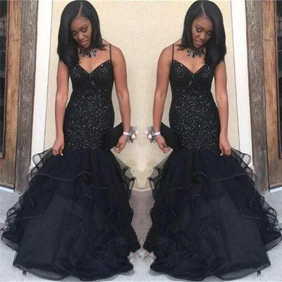 Black V-neck Spaghetti Prom Dresses | Sequins Ruffles Evening Gowns   cg11818