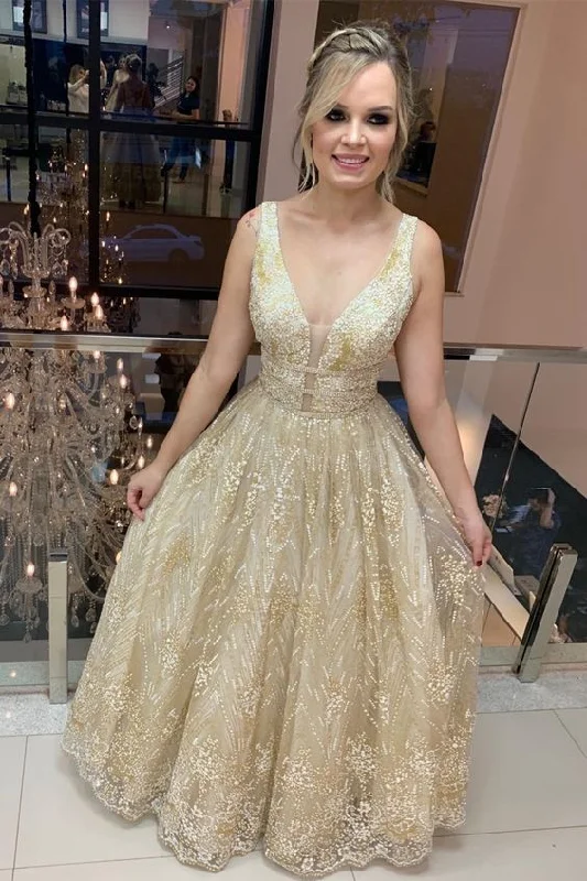 gold sequins A-line long formal dress prom dress evening dress   cg11363