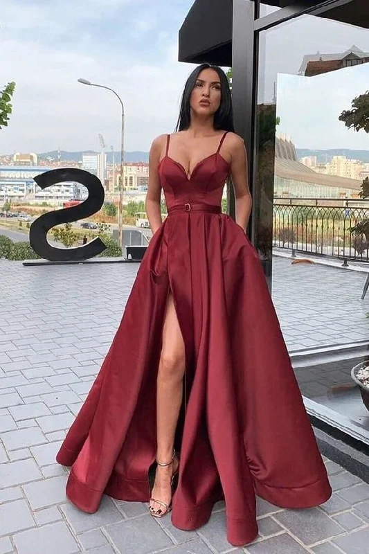 Straps A-Line Maroon Long Prom Dress with Slit   cg11992
