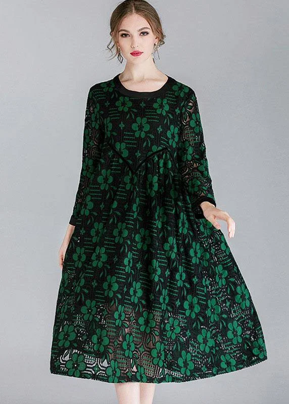 Fitted Green Hollow Out Jacquard Spring Long Sleeve Mid Dress