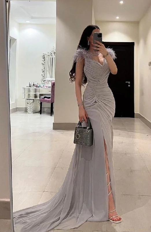 Elegant Mermaid Prom Dress For Women Feather V-Neck Pleat Split Party Evening Dress cc584 Elegant Mermaid Prom Dress For Women Feather V-Neck Pleat Split Party Evening Dress cc584