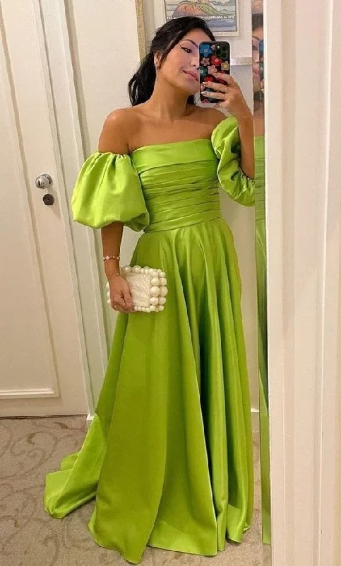 Sexy off shoulder puff sleeve floor length gown satin long evening dress cc290
