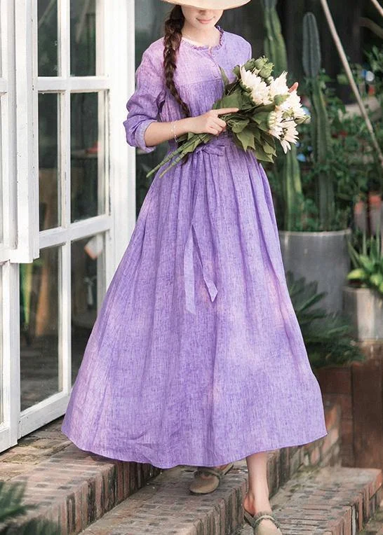 Italian Purple Outfit O Neck Tie Waist Dresses Spring Dresses