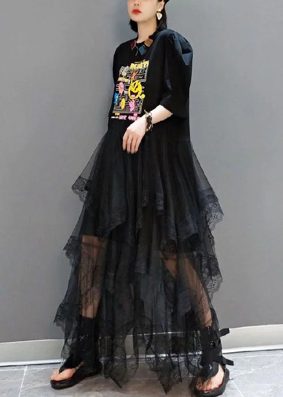 Plus Size Black O-Neck Print Half Sleeve Fall Dresses