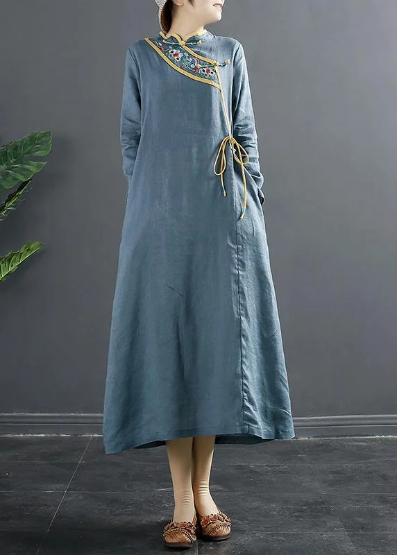 Elegant Blue Embroidery Tunic Stand Collar A Line Dress