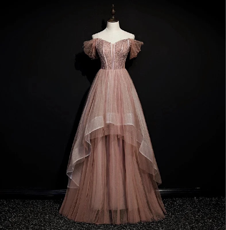 Dark Pink Tulle Beaded Layer Tulle Long Evening Dress, Charming Prom Dress   cg11410