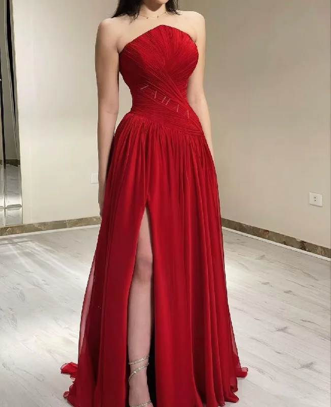 Red Evening Dress Women Chiffon Long Prom Dresses Strapless Pleated Side Split Party Gowns Special Banquet Club فساتين السهرة Red Evening Dress Women Chiffon Long Prom Dresses Strapless Pleated Side Split Party Gowns Special Banquet Club فساتين السهرة