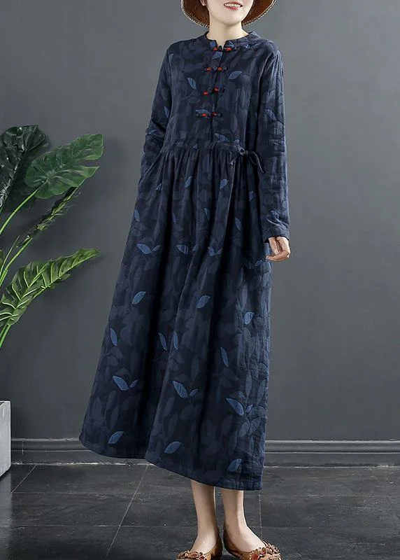 DIY Blue Print Dresses Stand Collar A Line Dress