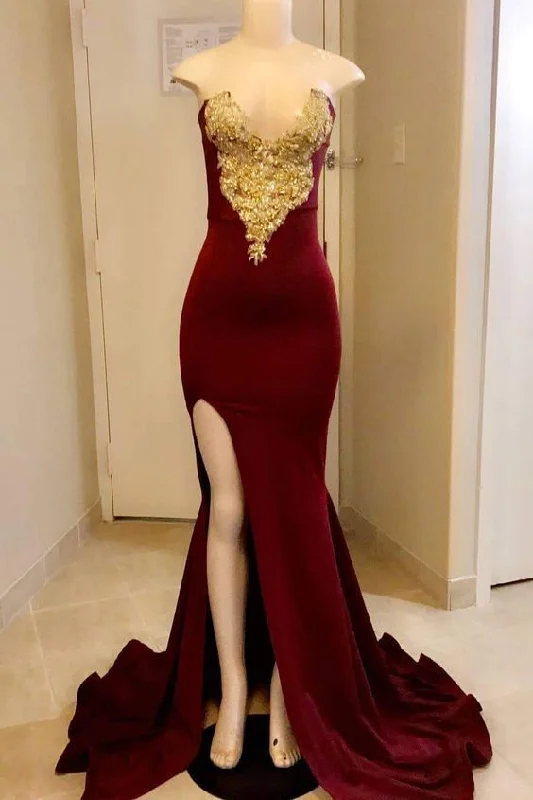 Gorgeous Burgandy Side Slit Floor Length Prom Dresses   cg11679