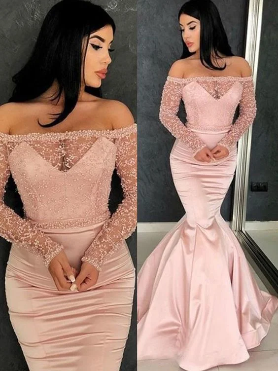 Mermaid Long Sleeves Brush Train Pink Ruffles Satin Prom Dresses   cg11922