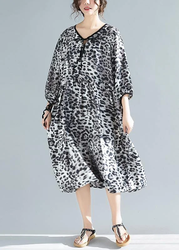 Organic V Neck Half Sleeve Lnspiration Gray Leopard A Line Dresses