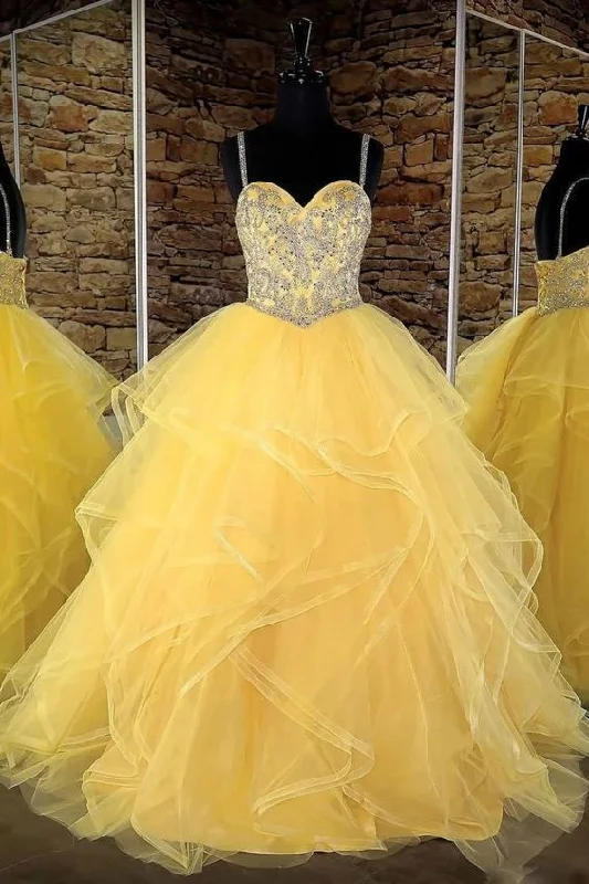 Yellow sweetheart tulle sequin long prom dress, yellow evening dress    cg12077