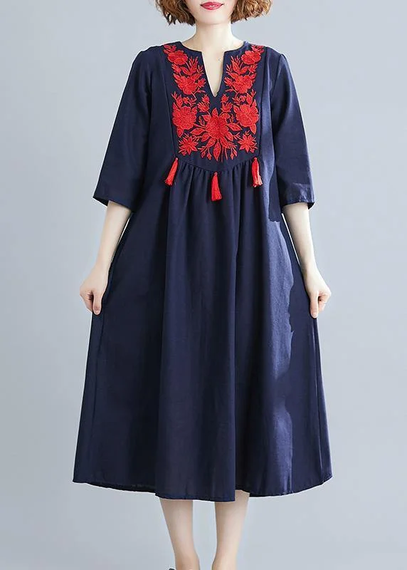 Handmade Blue Clothes Women V Neck Tassel  Spring Linen Dresses