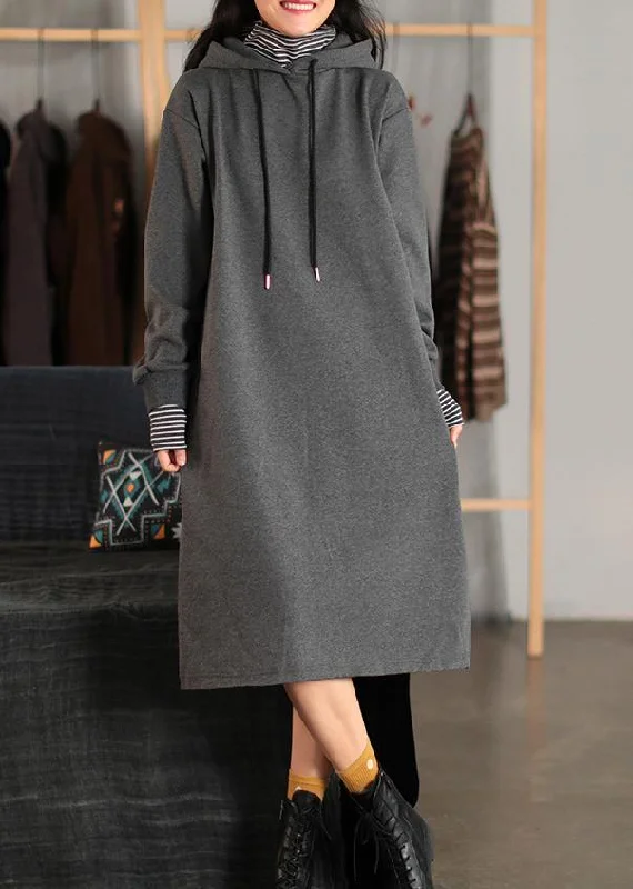 Beautiful Hooded Pockets Spring Clothes For Women Fabrics Gray Dress
