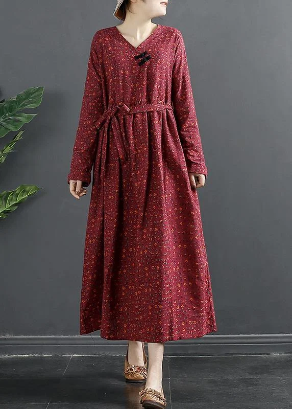 Elegant V Neck Quilting Dresses Shape Red Print Long Dress
