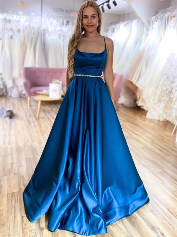 A Line Backless Blue Satin Long Prom Dresses with Belt, Backless Blue Formal Graduation Evening Dresses Tunics Exclusive limited