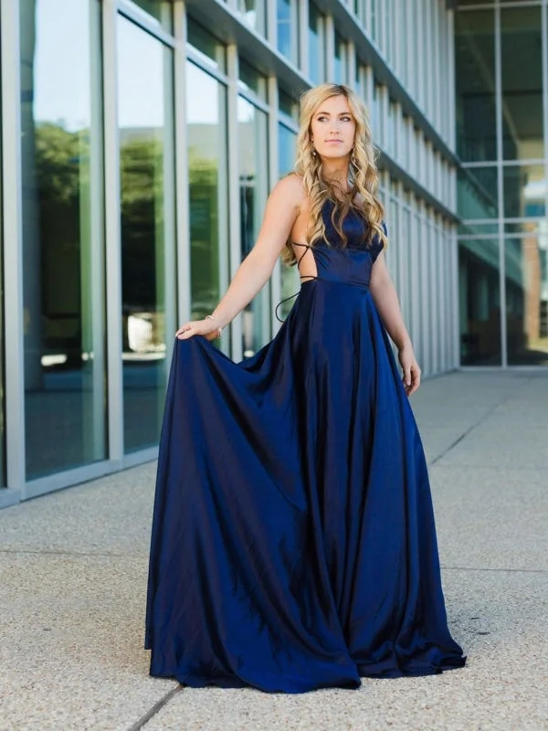 A Line Backless Navy Blue Satin Long Prom Dresses, Backless Navy Blue Formal Graduation Evening Dresses Tunics Fashionable trendy