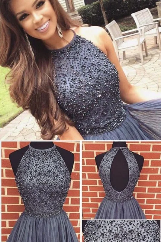 A-line Dark Gray Jewel Sleeveless Beaded Backless Tulle Homecoming Short Party Dress Off-the-shoulder Chic Trendy