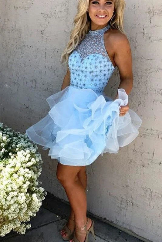 A-Line Light Blue Jewel Sleeveless Beading Mini Tulle Homecoming Party Dresses Tunics Top Casual