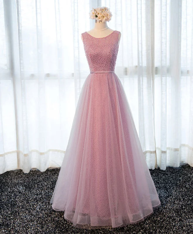 A Line Round Neck Tulle Long Prom Dress, Lace Evening Dress Tunics Ceremony elegant